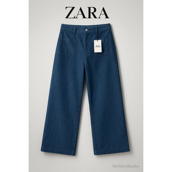 Zara The ZW Patch Pocket Wide Leg Jeans NWT Size US14 High Rise 34" Waist 31" In - Picture 9 of 9